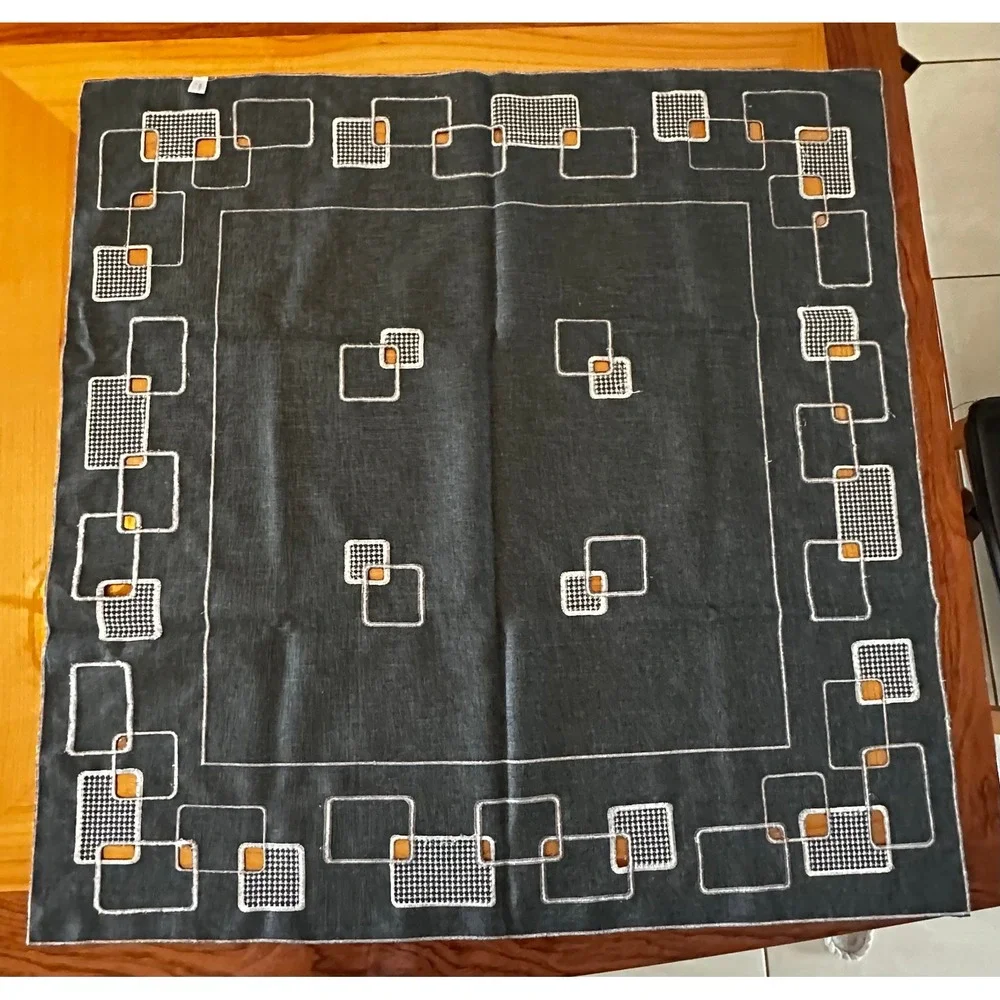 MCM Geometric Embroidered Tablecloth and Runner Set Charcoal Grey Square 33x33